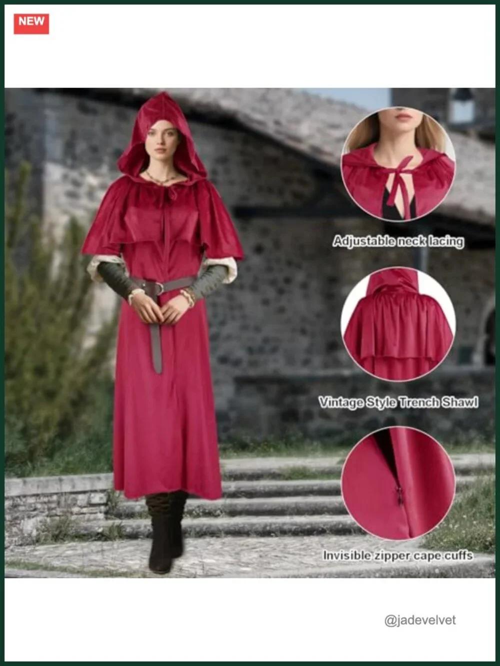 Medieval Hooded Cape Cloak with Waistcoat and Belt Women Halloween Cosplay